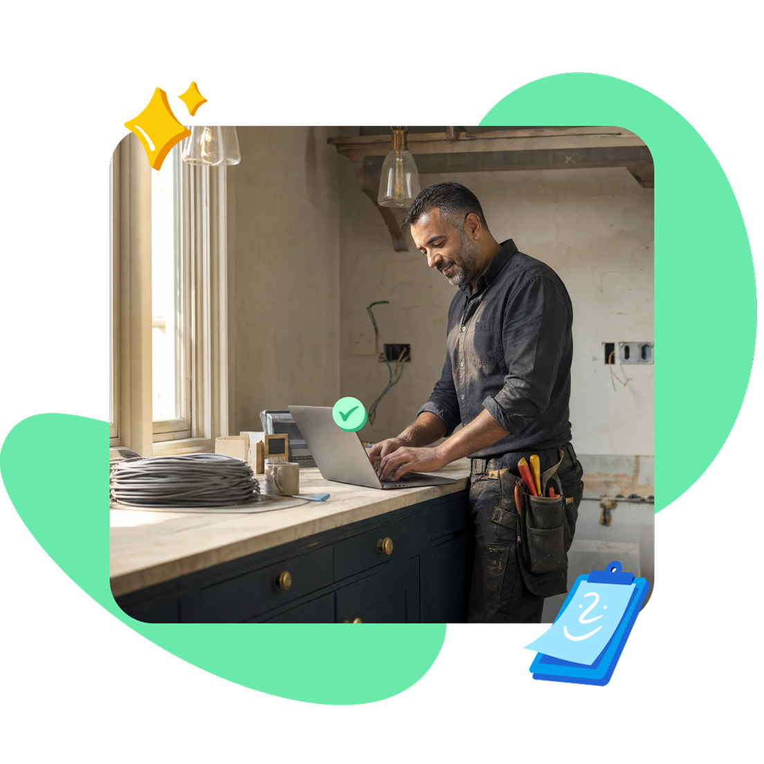 Self-employed electrician using a laptop at a job site to manage invoices